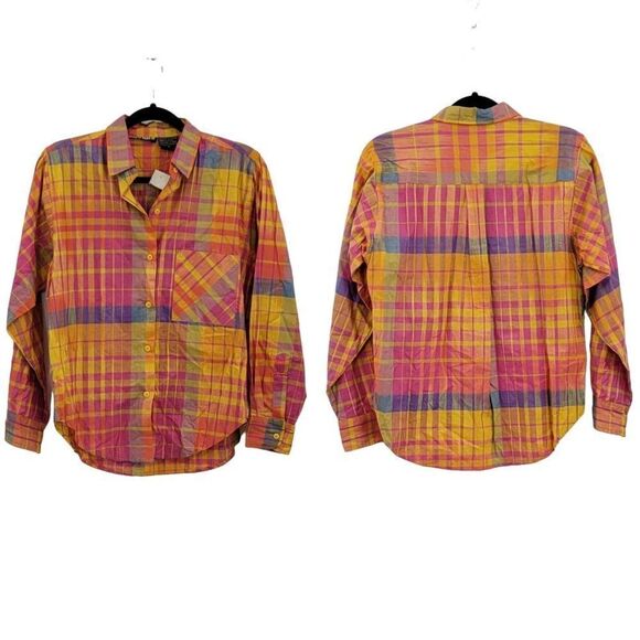 Vintage 80's Top Blouse Collar Button Down Cotton Neon Dopamine Plaid S - Picture 1 of 14